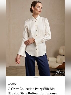 J. Crew Collection Ivory Silk Bib Tuxedo Style Button Front Blouse Size 0